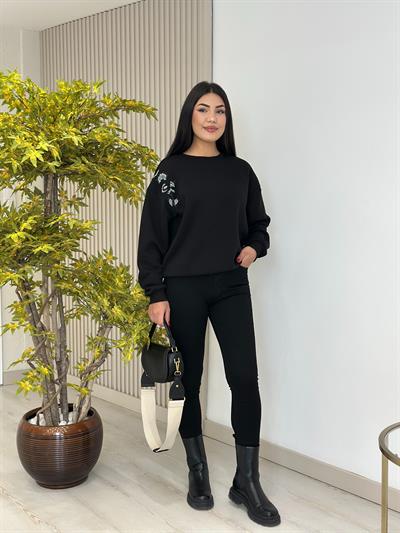 Omzu Boncuk Nakışlı Sweatshirt Siyah 