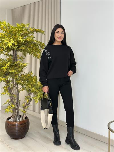 Omzu Boncuk Nakışlı Sweatshirt Siyah 