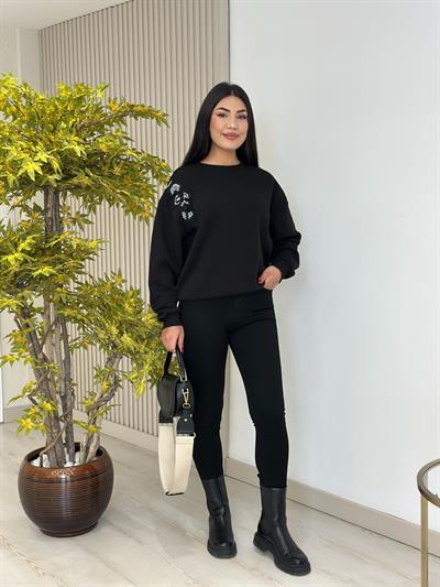 Omzu Boncuk Nakışlı Sweatshirt Siyah 