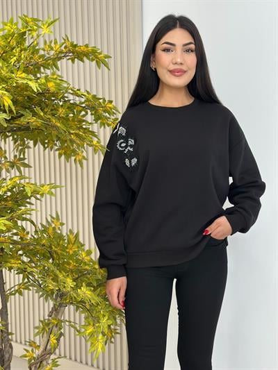 Omzu Boncuk Nakışlı Sweatshirt Siyah 