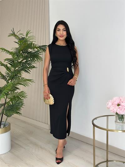 Omzu Drapeli Beli Gold Tokalı Drapelii Elbise Siyah