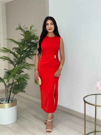 Omzu Drapeli Beli Gold Tokalı Drapelii Elbise Nar Çiçeği