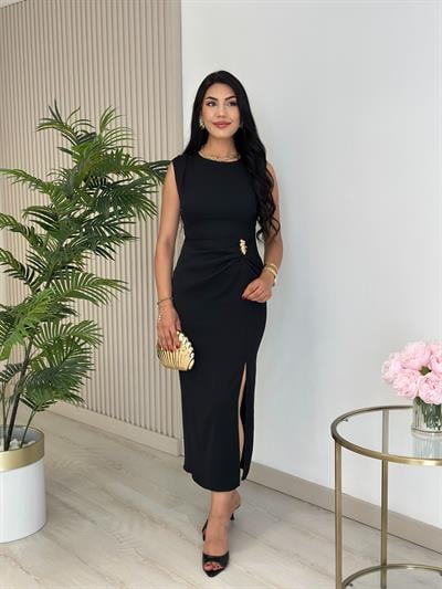 Omzu Drapeli Beli Gold Tokalı Drapelii Elbise Siyah