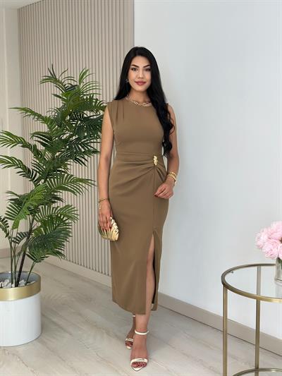 Omzu Drapeli Beli Gold Tokalı Drapelii Elbise Haki Yeşil