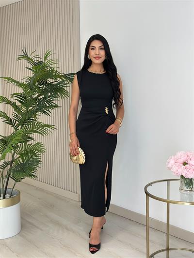 Omzu Drapeli Beli Gold Tokalı Drapelii Elbise Siyah