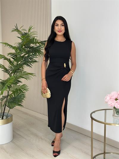 Omzu Drapeli Beli Gold Tokalı Drapelii Elbise Siyah