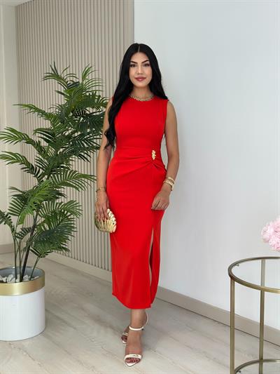 Omzu Drapeli Beli Gold Tokalı Drapelii Elbise Nar Çiçeği