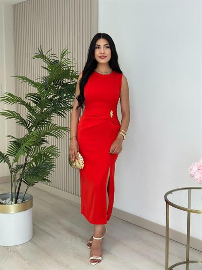 Omzu Drapeli Beli Gold Tokalı Drapelii Elbise Nar Çiçeği