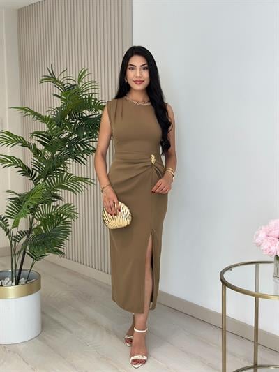 Omzu Drapeli Beli Gold Tokalı Drapelii Elbise Haki Yeşil