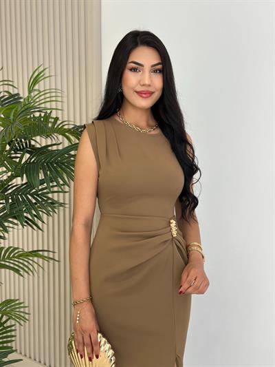 Omzu Drapeli Beli Gold Tokalı Drapelii Elbise Haki Yeşil