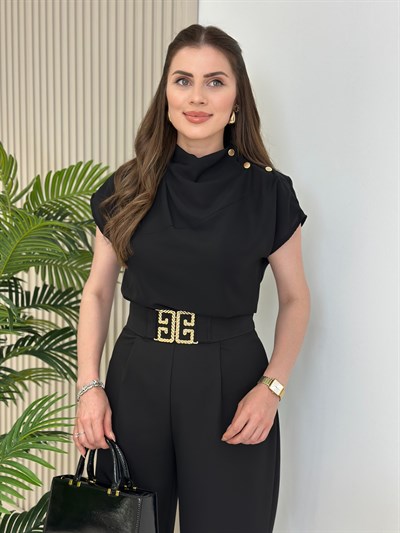 Omzu Gold Çıtçıt Detaylı Krep Kumaş Bluz Siyah