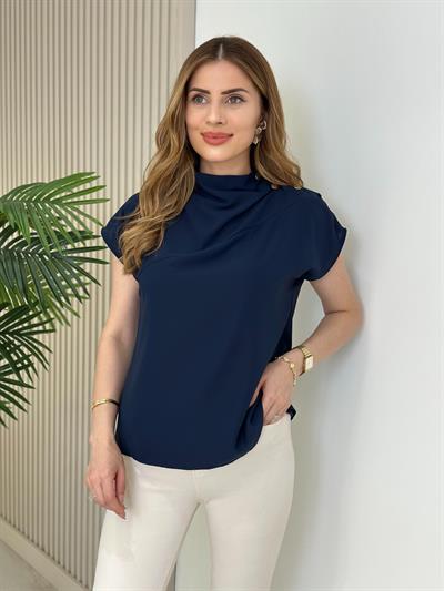 Omzu Gold Çıtçıtlı Krep Kumaş Bluz  Lacivert