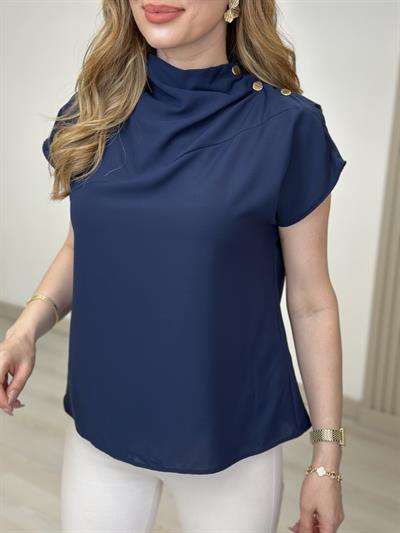 Omzu Gold Çıtçıtlı Krep Kumaş Bluz  Lacivert