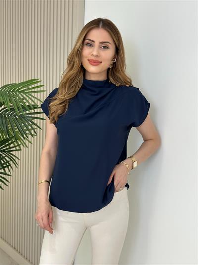 Omzu Gold Çıtçıtlı Krep Kumaş Bluz  Lacivert