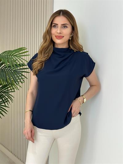 Omzu Gold Çıtçıtlı Krep Kumaş Bluz  Lacivert