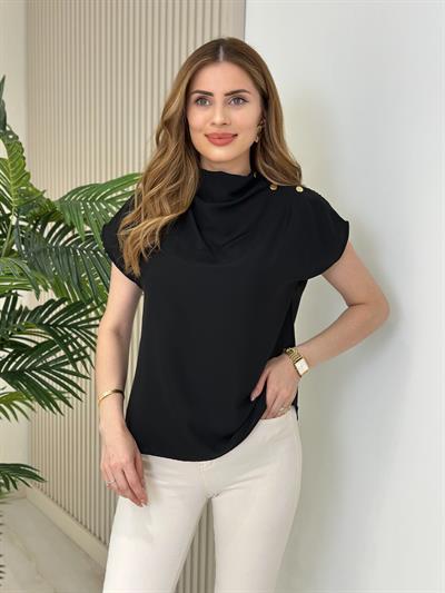 Omzu Gold Çıtçıtlı Krep Kumaş Bluz Siyah