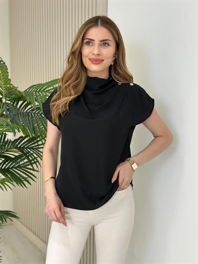 Omzu Gold Çıtçıtlı Krep Kumaş Bluz Siyah