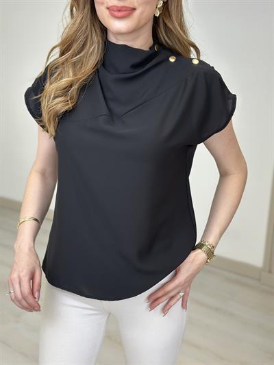 Omzu Gold Çıtçıtlı Krep Kumaş Bluz Siyah