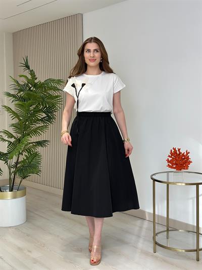 Omzu Organze Tül Çiçek Tshirt Beyaz