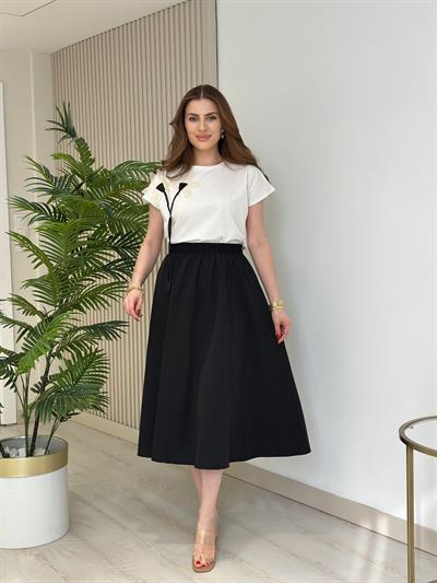 Omzu Organze Tül Çiçek Tshirt Beyaz