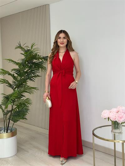Önden Yırtmaçlı Bağcıklı Elbise Kırmızı
