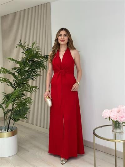 Önden Yırtmaçlı Bağcıklı Elbise Kırmızı