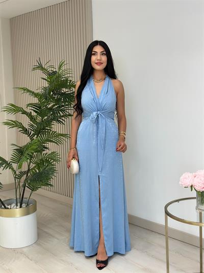 Önden Yırtmaçlı Bağcıklı Elbise Mavi