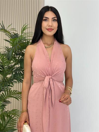 Önden Yırtmaçlı Bağcıklı Elbise Pudra