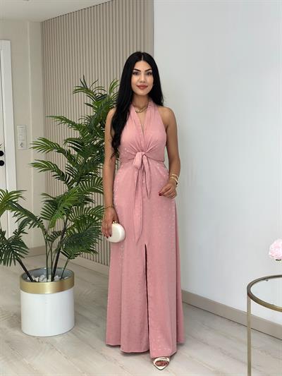 Önden Yırtmaçlı Bağcıklı Elbise Pudra