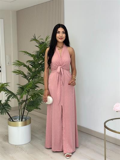 Önden Yırtmaçlı Bağcıklı Elbise Pudra