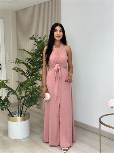 Önden Yırtmaçlı Bağcıklı Elbise Pudra