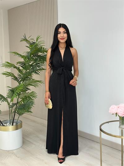 Önden Yırtmaçlı Bağcıklı Elbise Siyah