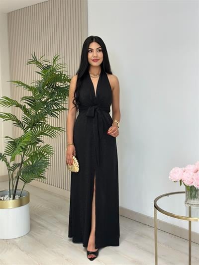 Önden Yırtmaçlı Bağcıklı Elbise Siyah