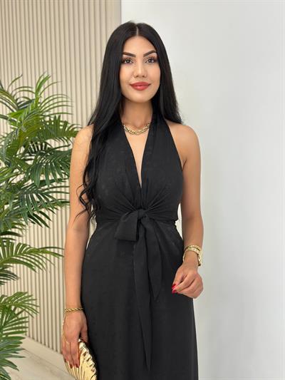 Önden Yırtmaçlı Bağcıklı Elbise Siyah