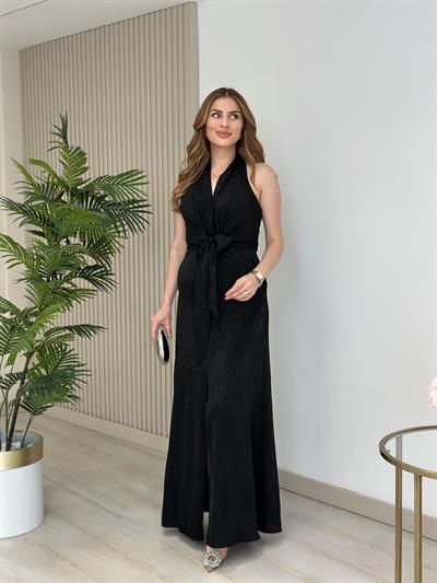 Önden Yırtmaçlı Bağlama Detaylı Elbise Siyah