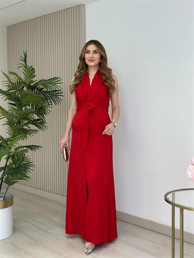 Önden Yırtmaçlı Bağlama Detaylı Elbise Kırmızı