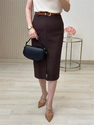 Önden Yırtmaçlı Kemerli Kalem Etek Kahve