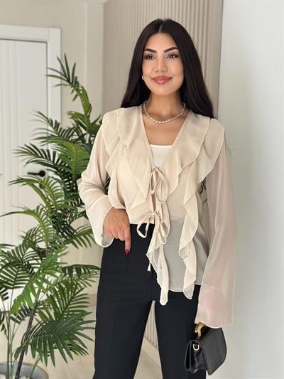 Önü Fırfır Detaylı Bağlamalı Bluz Bej