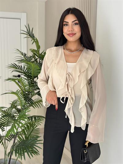 Önü Fırfır Detaylı Bağlamalı Bluz Bej