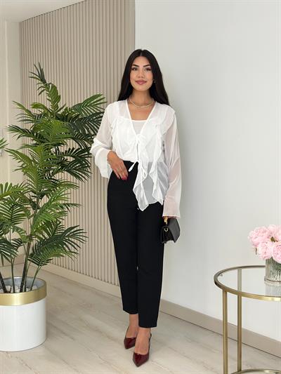 Önü Fırfır Detaylı Bağlamalı Bluz Beyaz