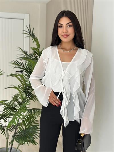 Önü Fırfır Detaylı Bağlamalı Bluz Beyaz