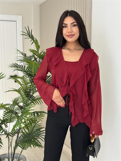 Önü Fırfır Detaylı Bağlamalı Bluz Bordo