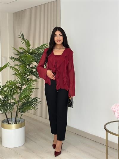 Önü Fırfır Detaylı Bağlamalı Bluz Bordo