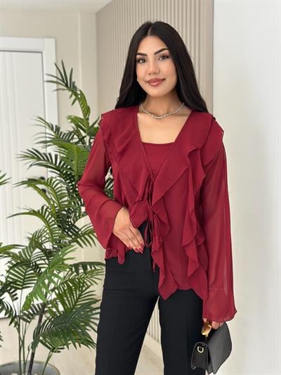 Önü Fırfır Detaylı Bağlamalı Bluz Bordo