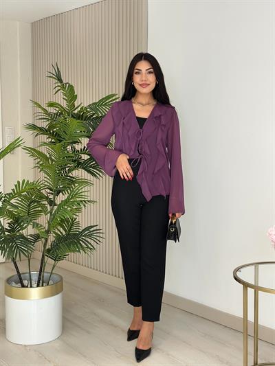 Önü Fırfır Detaylı Bağlamalı Bluz Mor