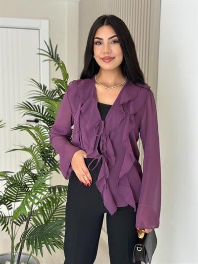 Önü Fırfır Detaylı Bağlamalı Bluz Mor