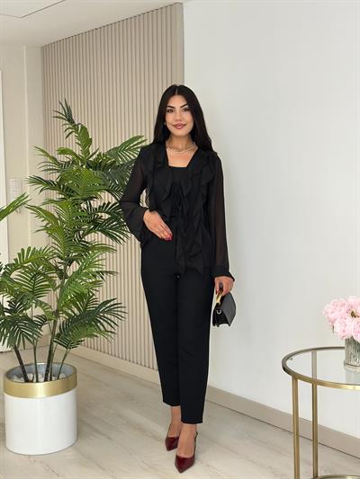 Önü Fırfır Detaylı Bağlamalı Bluz Siyah