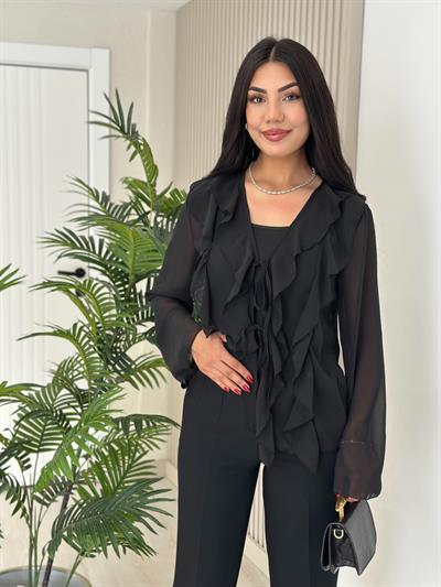 Önü Fırfır Detaylı Bağlamalı Bluz Siyah