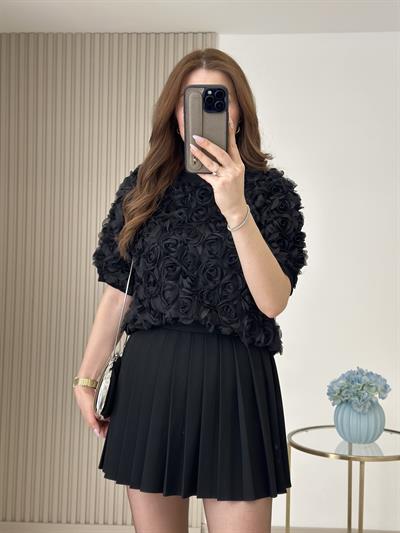 Organze Tül Gül Detaylı Kısa Kollu Triko Siyah