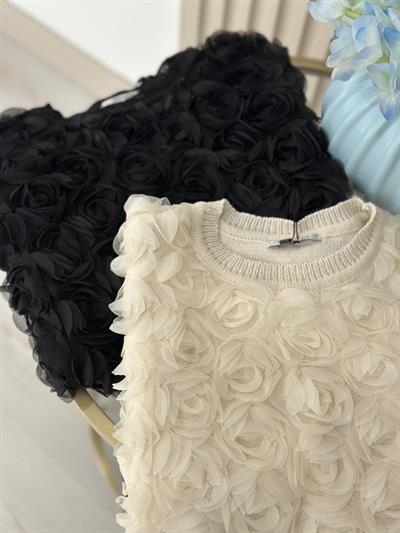 Organze Tül Gül Detaylı Kısa Kollu Triko Siyah